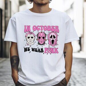 In October We Wear Pink Horror Halloween Shirt, Spooky Breast Cancer Tee